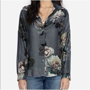 NWOT Johnny Was Blouse Women's Size Large Crushed Velvet Floral Silk Button Up